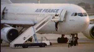 Foto van een vliegtuig van Air France waarbij de piloot uit de cockpit klimt.