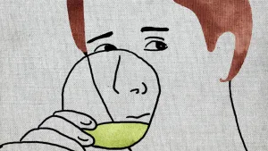 Tekening van een man, Herman Koch, die slok neemt uit een glas met drank.