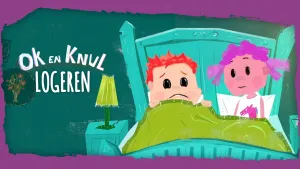 Tekening van een jongen en meisje in tweepersoonsbed, jongetje kijkt niet vrolijk, het meisje wel, erbij de tekst "Ok en Knul Logeren".