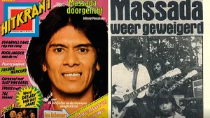 Tweedelige foto van voorpagina van Hitkrant met foto van zanger van Massada erop en een zwartwit-pagina met de band Massada erop.