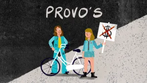Schematische tekening van jongeman en een meisje bij een fiets met erboven de tekst "Provo's".