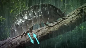 Foto van een reuzenpissebed buiten in het bos op een takje.