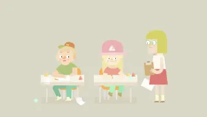 Tekening van twee kinderen die zitten aan een schooltafeltje en een juffrouw staat erbij.