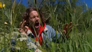 Foto van een persoon tussen hoog gras die erg moet niesen.