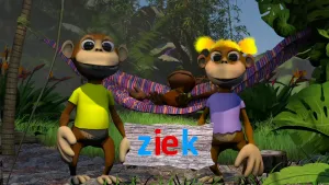 Foto van drie aapachtige poppen met op de achtergrond jungle, zij houden bordje vast met "ziek" erop.