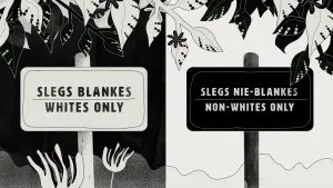 Schematische tekening, zwart met wit, met twee bordjes met tekst, één van discriminatie van zwarten, één van blanken.