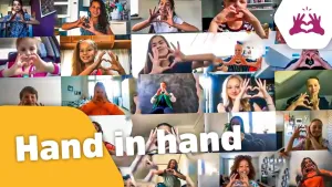 Fotocollage van foto's van portretten van mensen die hun handen laten zien, ervoor de tekst: Hand in hand.