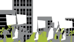 Schematische tekening met gebouwen in een stad met demonstranten, demonstratieoptocht.