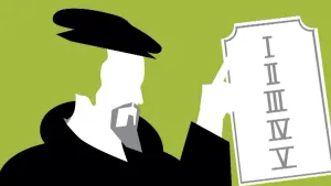 Schematische tekening van portret van Calvijn met een blad met Romeinse cijfers erop in de hand.