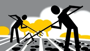 Schematische tekening van twee landarbeiders/boeren met rieken op het land.