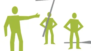 Schematische tekening van drie personen waarvan één ervan een vlag vasthoudt.