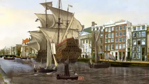 Foto/schilderij van een groot historisch zeilschip in een Amsterdamse Gracht.