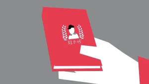 Schematische tekening van een hand die een rood boekje (het Rode Boekje) vasthoudt.