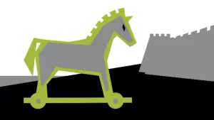 Schematische tekening van het paard van Troje die vestingsmuur nadert.
