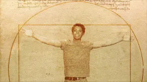 Foto van de rapper Typhoon voor deel van een tekening gemaakt door Leonardo da Vinci.