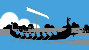 Schematische tekening van een Vikingenboot, een drakenschip, op het water langs de kust.