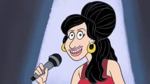 Tekening, beetje karikatuurachtig, van Amy Winehouse die zingt, houdt microfoon vast.