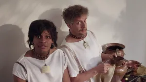 Foto van twee personen verkleed als Romein bij een koperen pot.