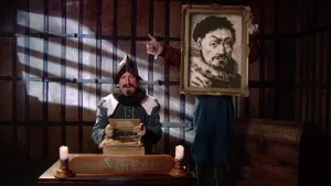 Een foto van een man met een puntige, bruine helm op en een onleesbaar papier in handen achter een tafel. Op tafel staat een houten bord met de tekst "Schout en zijn Rakkers" erop. Een andere  man houdt een portret van Willem van Oranje voor zijn gezicht.