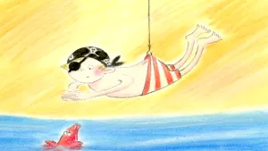 Een tekening uit het boek dat meneer Aart voorleest van een jongen met een rood-wit gestreepte zwembroek, die aan een vishaakje hangt boven het water. Een rode vis kijkt naar hem. De jongen draagt een zwart ooglapje en een hoofddoek met doodshoofden erop.