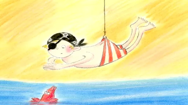 Een tekening uit het boek dat meneer Aart voorleest van een jongen met een rood-wit gestreepte zwembroek, die aan een vishaakje hangt boven het water. Een rode vis kijkt naar hem. De jongen draagt een zwart ooglapje en een hoofddoek met doodshoofden erop.