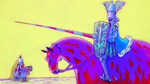 Een tekening uit het boek dat Frank voorleest. Op de tekening staat een paard met een ridder erop. De ridder draagt een helm, een harnas, en in zijn handen een schild en een lans, een lange puntige stok. Achteraan staat een andere ridder op een paard.