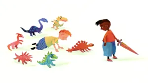 Een tekening uit het boek dat Lot voorleest. Op de tekening zit een jongetje achter een rode speelgoeddinosaurus van de soort stegosaurus. Om de jongen heen staan vijf andere speelgoeddinosaurussen. Ook staat er een jongen met een speelgoedzwaard.