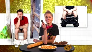 Een foto van Janouk achter een tafel met een wit stokbrood, een bord pasta en een wit bord vol voorbeelden van donkerbruine menselijke poep. Janouk houdt één van de voorbeelden omhoog. Erachter staan twee foto's van mannen die zitten op een witte wc.