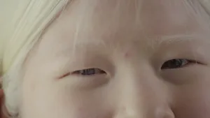 Een foto van het gezicht van Xueli. Het witte haar, de witte wenkbrauwen, de ogen, witte huid en bovenste deel van de neus zijn te zien. Ze heeft albinisme, weinig pigment in ogen, haar en huid, waardoor huid en haar lichter zijn dan bij de meeste mensen.