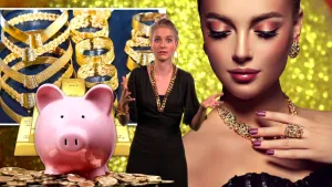 Een foto van Janouk met goudkleurige sieraden: een dikke ketting en armband en grote, ronde oorbellen. Op foto's ernaast staan: gouden kettingen en armbanden, een vrouw met sieraden, een roze spaarvarken met muntgeld ervoor en een stapel goudblokken.