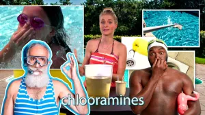 Een foto van Janouk in zwemkleding, een vaas met gelige vloeistof, de tekst "chlooramines" en vijf foto's: twee mannen in zwemkleding, iemand die duikt met dichtgeknepen neus, een zwembad met netje aan een stok en een hand met haren uit een afvoerputje.