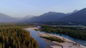 Een foto van een landschap met groene dennenbomen links en rechts van een rivier. In de rivier liggen stukken land met een ondergrond van zand. Achteraan zijn ongeveer zeven bergen of heuvels deels te zien.