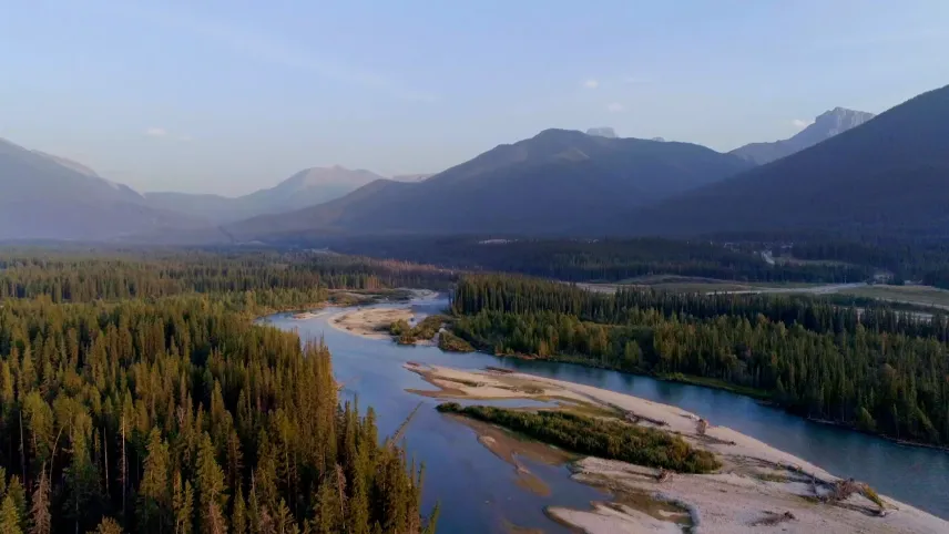Een foto van een landschap met groene dennenbomen links en rechts van een rivier. In de rivier liggen stukken land met een ondergrond van zand. Achteraan zijn ongeveer zeven bergen of heuvels deels te zien.