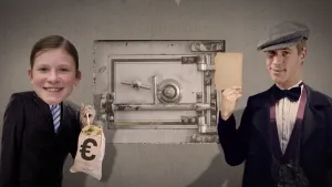 Een foto van een man in een pak met als hoofd een erop geplakt kindergezicht. De man heeft een dichtgeknoopt zakje met een euroteken erop vast. Erachter is een kluisdeur in een grijze muur te zien. Rechts staat een man met een stukje papier in zijn hand.