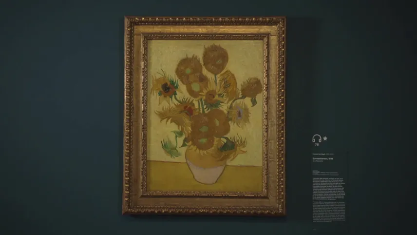 Een foto van het schilderij "De Zonnebloemen" van Vincent van Gogh aan de muur in het van Gogh Museum in Amsterdam. De zonnebloemen zijn geel en de rest van het schilderij heeft ook veel gele kleuren: de vaas is voor de helft geel, de tafel en muur ook.