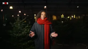 Een foto van een presentator die buiten staat in het donker met de handpalmen naar voren toe. Links van de presentator staat een groene dennenboom die gebruikt kan worden als kerstboom, maar niet versiert is. Achteraan branden veel lampen.