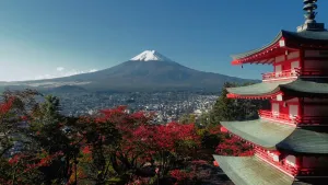 Een foto van een traditioneel Japans bouwwerk met rode en witte muren en holle daken. Ernaast staan bomen met rode bloesem erin. Op de achtergrond staan woningen en daarachter is de berg Fuji te zien, een vulkaan met een witte laag sneeuw op de top.