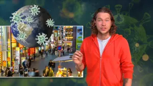 Een foto van Pascal in een rode capuchontrui. Ernaast is een foto te zien van een winkelstraat met mensen. Daarvoor is een driedimensionale wereldbol te zien met daarvoor zes groene virusdeeltjes, ronde bolletjes met staafjes die eruit steken.