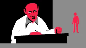 Een tekening van een man, Anton de Kom, met een rode huid achter een zwarte tafel. De man heeft een potlood of pen in zijn handen en schrijft iets op een niet-zichtbaar voorwerp op de tafel. Rechts staat een volledig rood poppetje in beeld.
