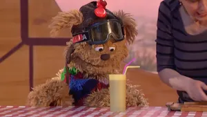 Een foto van pop Tommy die een skibril draagt om zijn hoofd, een bruine muts met gaten waar zijn oren doorheen steken en een veelkleurige sjaal om zijn nek. Op tafel staan een geel plastic drinkglas met twee rietjes en voor Lot ligt een houten plank.