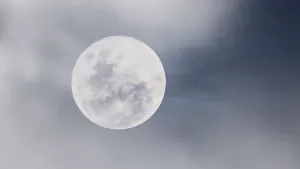 Een foto van een volle, ronde maan in de lucht. De maan is wit van kleur met lichtgrijze stukken erop.