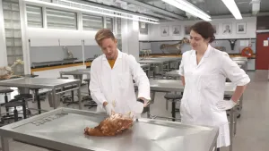 Een foto van Elbert en een mevrouw in een witte jas en met witte, plastic handschoenen. Ze staan voor een stalen snijtafel met scharen en mesjes erop. Elbert heeft de poten van een dode kip vast, die op de tafel ligt en een bruin verenpak heeft.