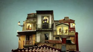 Een foto van kleine huisjes die scheef tegen elkaar aanstaan. In twee huisjes zijn schaduwen van mensen te zien met licht erachter. In één huisje staat een man in een zwart pak. Hij blaast en drukt op de toetsen van een muziekinstrument, een hoorn. 