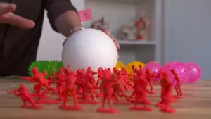 Een foto van soldaatjes van rood plastic op een tafel en erachter een witte bol van piepschuim, met een vlaggetje erin geprikt waarop een driehoek staat met een uitroepteken erin. Ernaast liggen groene, gele en roze bolletjes met een soort stekels erop.