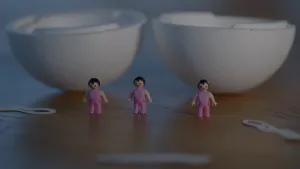 Een foto van een tafel met daarop twee witte, door midden gedeelde helften van een bol die op elkaar passen en dan samen één ronde bol kunnen vormen. Vóór de twee helften van de bol staan drie Playmobil poppetjes met roze kleding en zwart haar.