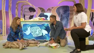 Een foto van Rachel en Elbert die hun handen op een nepdier hebben liggen, Rachel op een soort knuffelhond, Elbert op een wit dier zonder nek en kop maar met een regenboogbal als hart. Ze leren reanimeren van een dierenarts die ernaast zit.