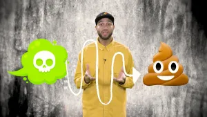 Een foto van Edson met voor de foto twee grote iconen. Links van een groene tekstballon met een wit doodshoofd erin. Rechts een lachende hoop poep, een drol. Een witte, kronkelende lijn met een pijl wijst van de groene tekstballon naar de drol.