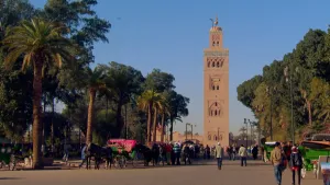 Een foto van een weg met lopende mensen en rijtuigen met paarden in Marokko. Achteraan is een hoge toren te zien met een ronde koepel bovenop. Naast de weg staan links palmbomen op de foto, rechts lantaarnpalen en groengebladerde bomen en struiken. 