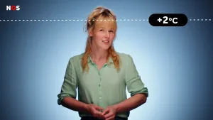 Een foto van een presentator voor een blauwe achtergrond. Vóór de foto, bij het voorhoofd van de presentator, loopt van links naar rechts een witte stippellijn over het beeld. Rechtsboven op de lijn staat een temperatuur geschreven: ""+2 graden celsius".