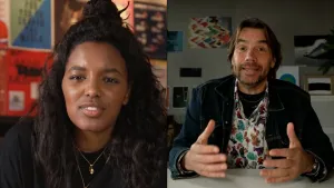 Een foto die bestaat uit twee beelden. Links zie je presentator Sosha en rechts psycholoog Steven. Ze kijken beide in de camera. Steven is iets aan het vertellen.